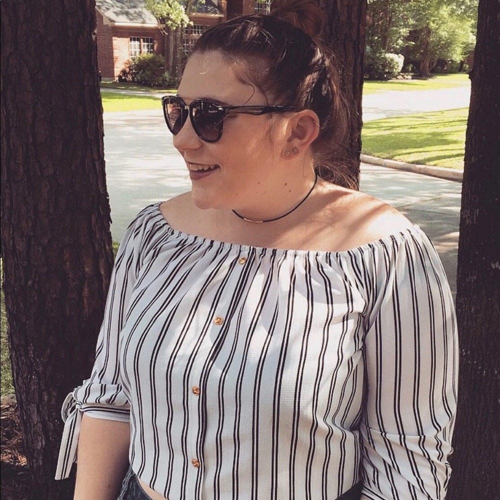 Black and white striped off the shoulder top